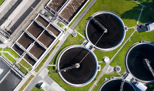 an aerial view of a sewage treatment plant