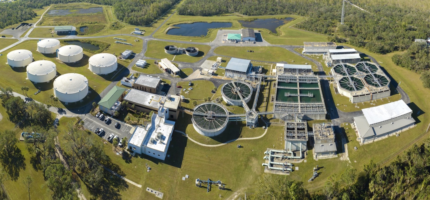 an aerial view of a large water treatment plant
