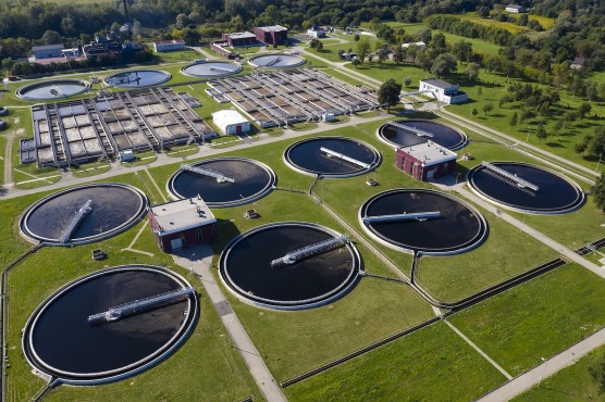 an aerial view of a large water treatment plant
